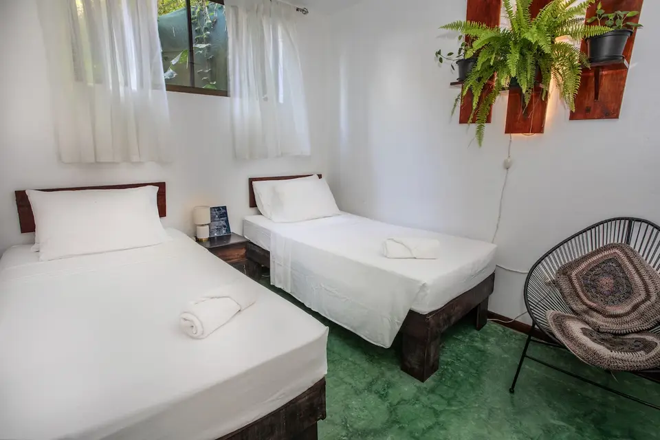 Villa Escondido: two twin beds, a hanging chair and plants by the window