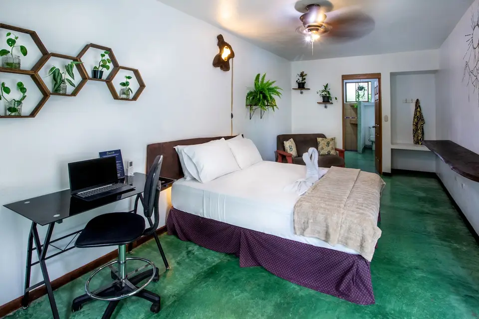 Villa Linda: queen bed, writing desk and hexagon shelves with plants
