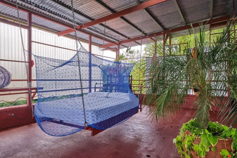 El Palomar: a hanging bed wrapped in a blue mosquito net