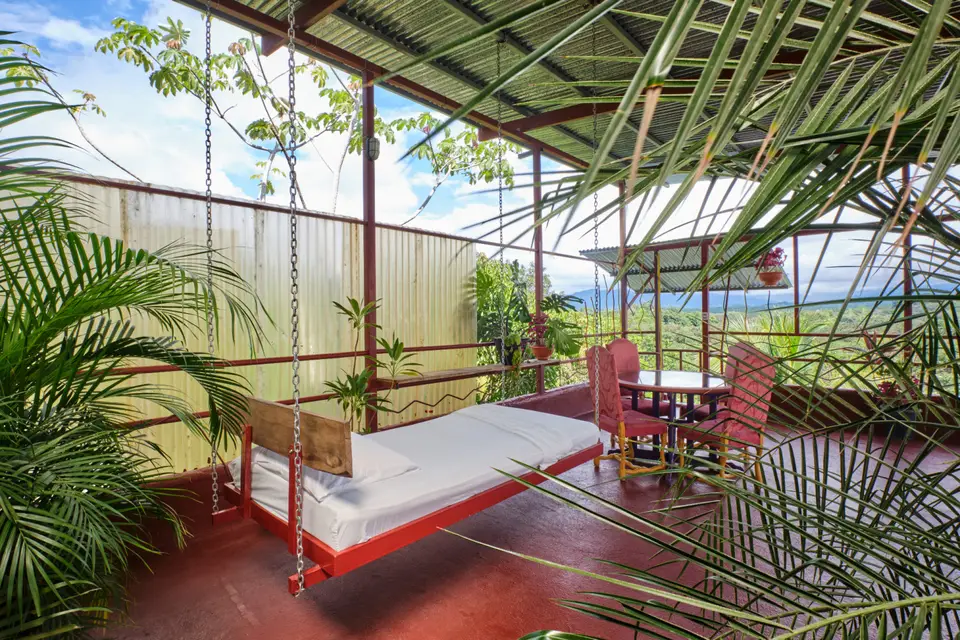 El Palomar: a hanging bed beside potted palms and an open view