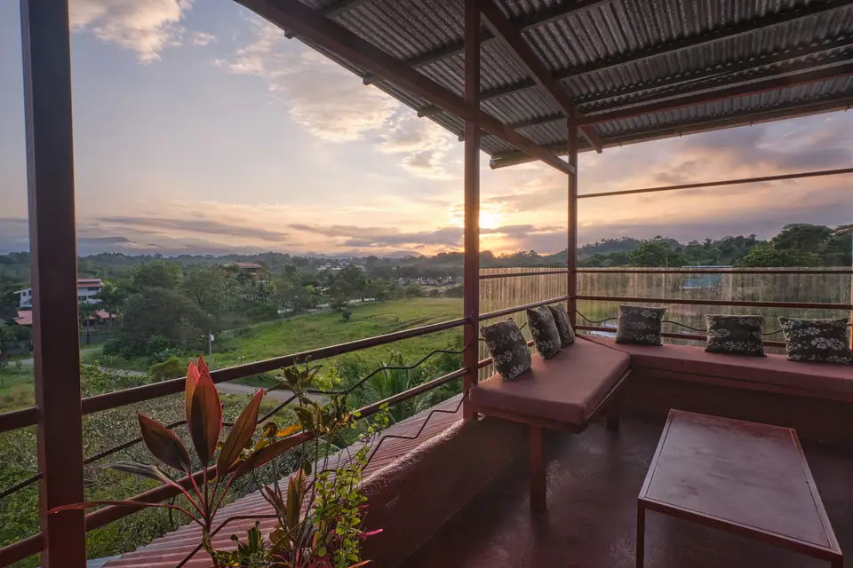 Sunrise from El Palomar: golden sky over the valley, red benches and bromeliads in the foreground