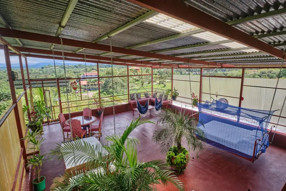 El Palomar: hanging beds, hammock chairs and plants under the tin roof