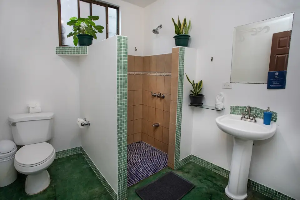 Bathroom with a walk-in shower, basin and mirror, used by the Villa Rosa and Villa Familia room pairs
