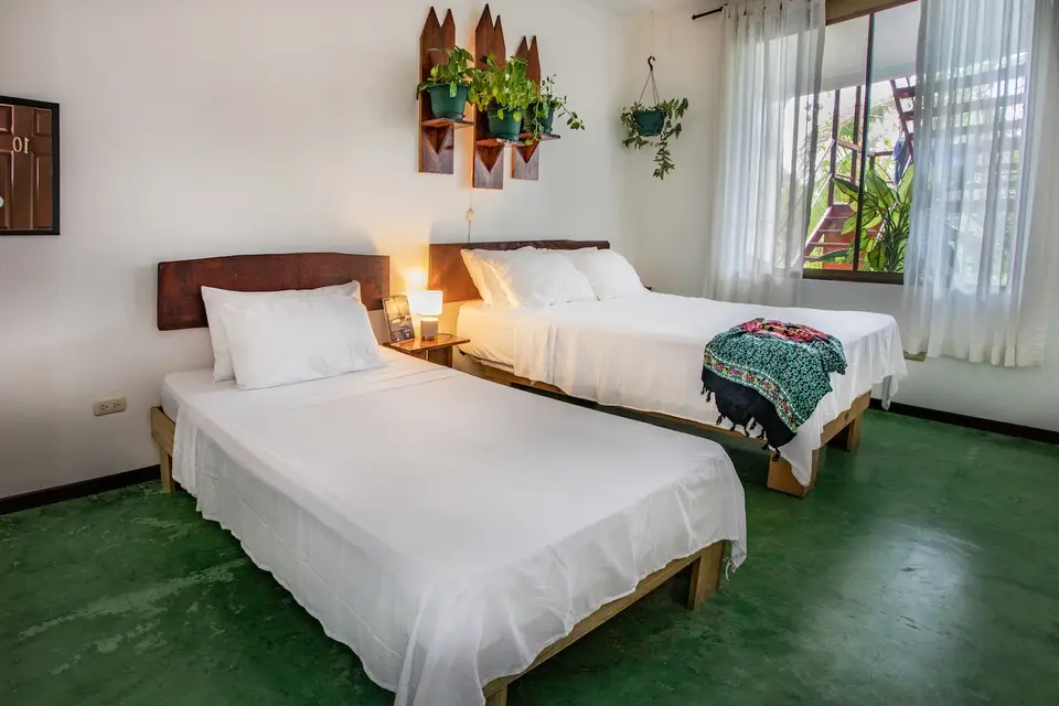 Villa Sol (habitación 10): camas blancas, piso verde y plantas colgantes junto a una ventana grande